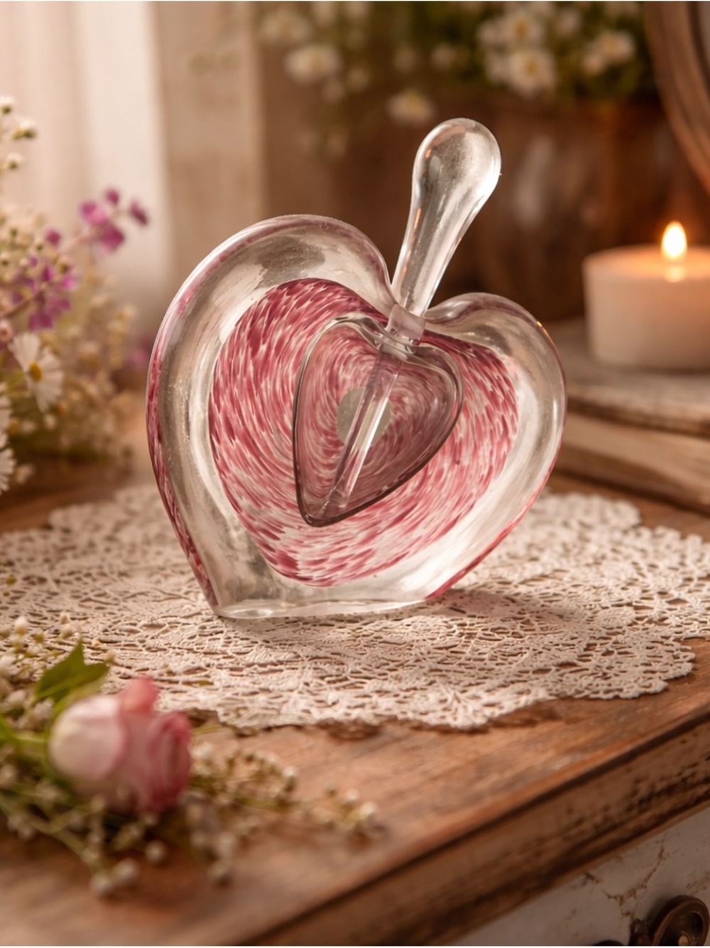 Vintage Hand Blown Glass Perfume Bottle Heart Dabber Pink Red Swirl Vanity Decor